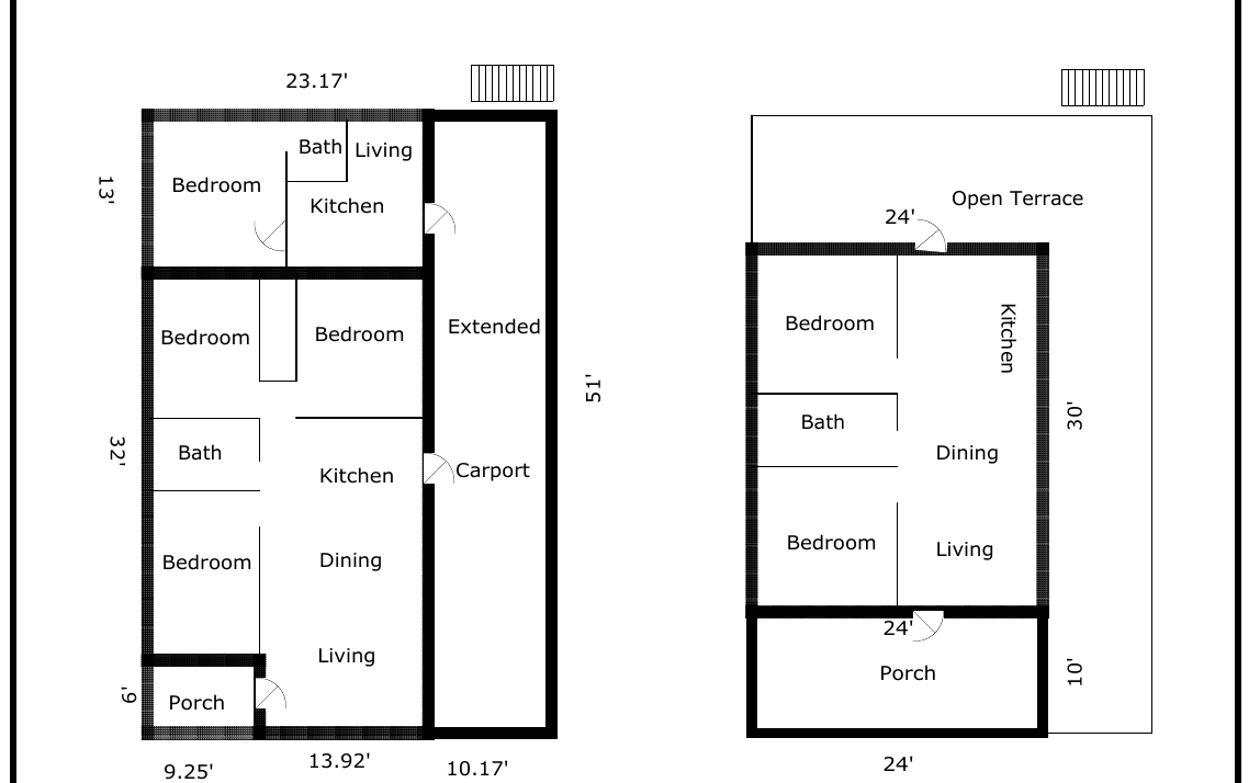 Plano de distribución: unidad principal de 3 habitaciones con la unidad trasera de 1 habitación en el primer nivel, y unidad de 2 habitaciones con terraza abierta en el segundo nivel